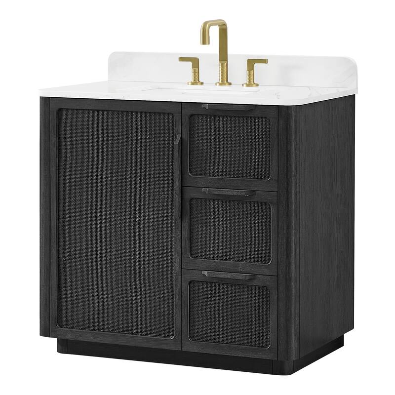 Busan Bath Vanity with White Quartz Stone Top without Mirror - 36in. - Oak Classic Black