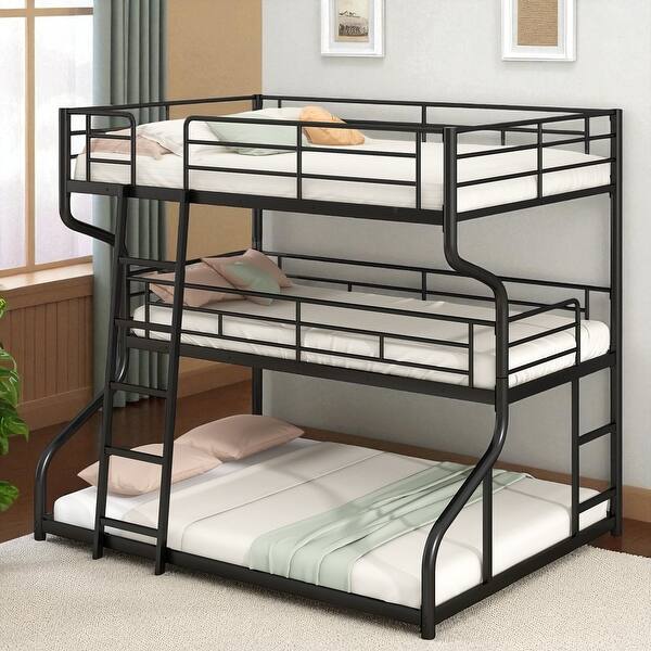 Full XL Over Twin XL Over Queen Triple Bunk Bed with Curved Metal Frame ...