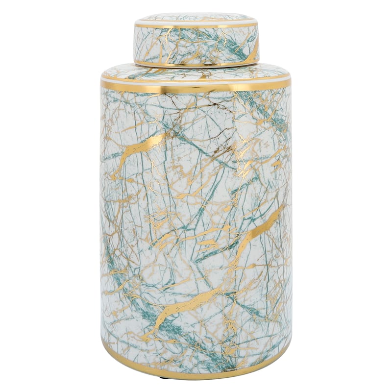 16" Ceramic Jar with Lid Contemporary Decorative Glassware in White, Green and Gold Storage Canister Decor - - 8" x 8" x 16" - 8" x 8" x 16" - Green