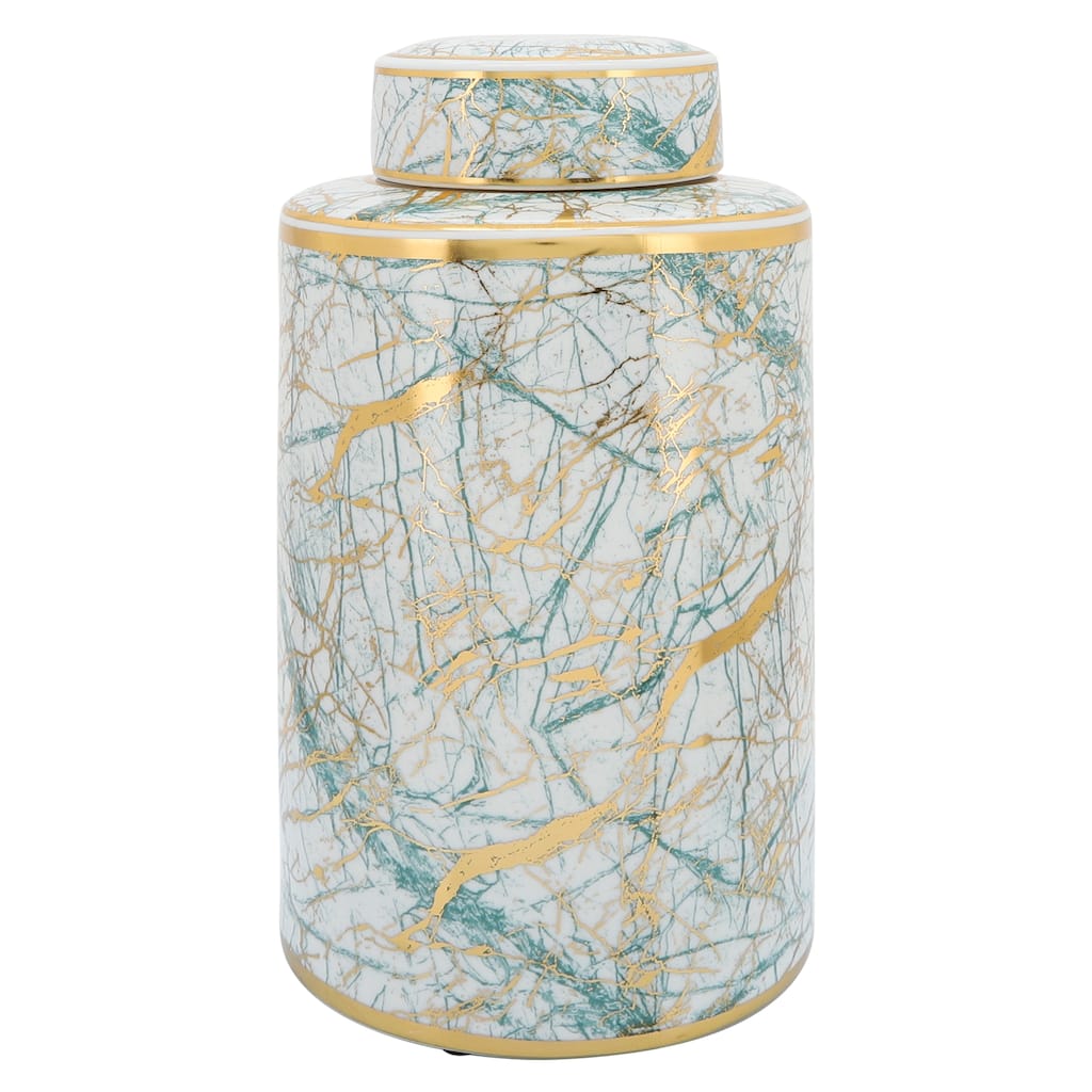 16" Ceramic Jar with Lid Contemporary Decorative Glassware in White, Green and Gold Storage Canister Decor - - 8" x 8" x 16"