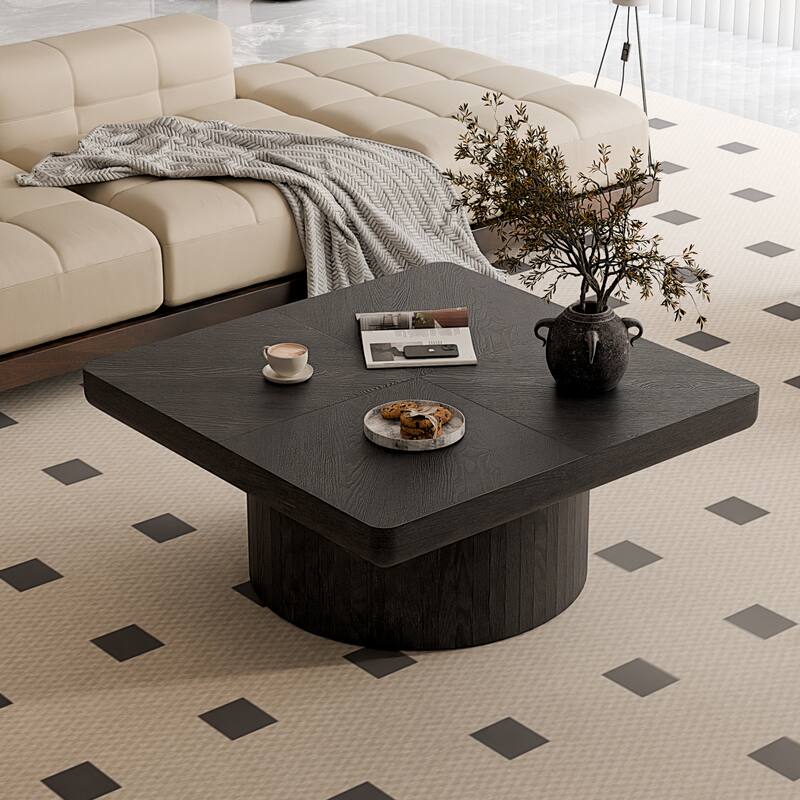 GDF Studio - Modern Square Coffee Table with Parquet Wood Veneer & Cylindrical Base
