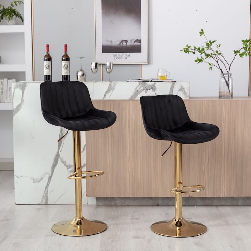 Set of 2 Adjustable Swivel Bar Stools, Black Velvet with Chrome Footrest & Gold Legs
