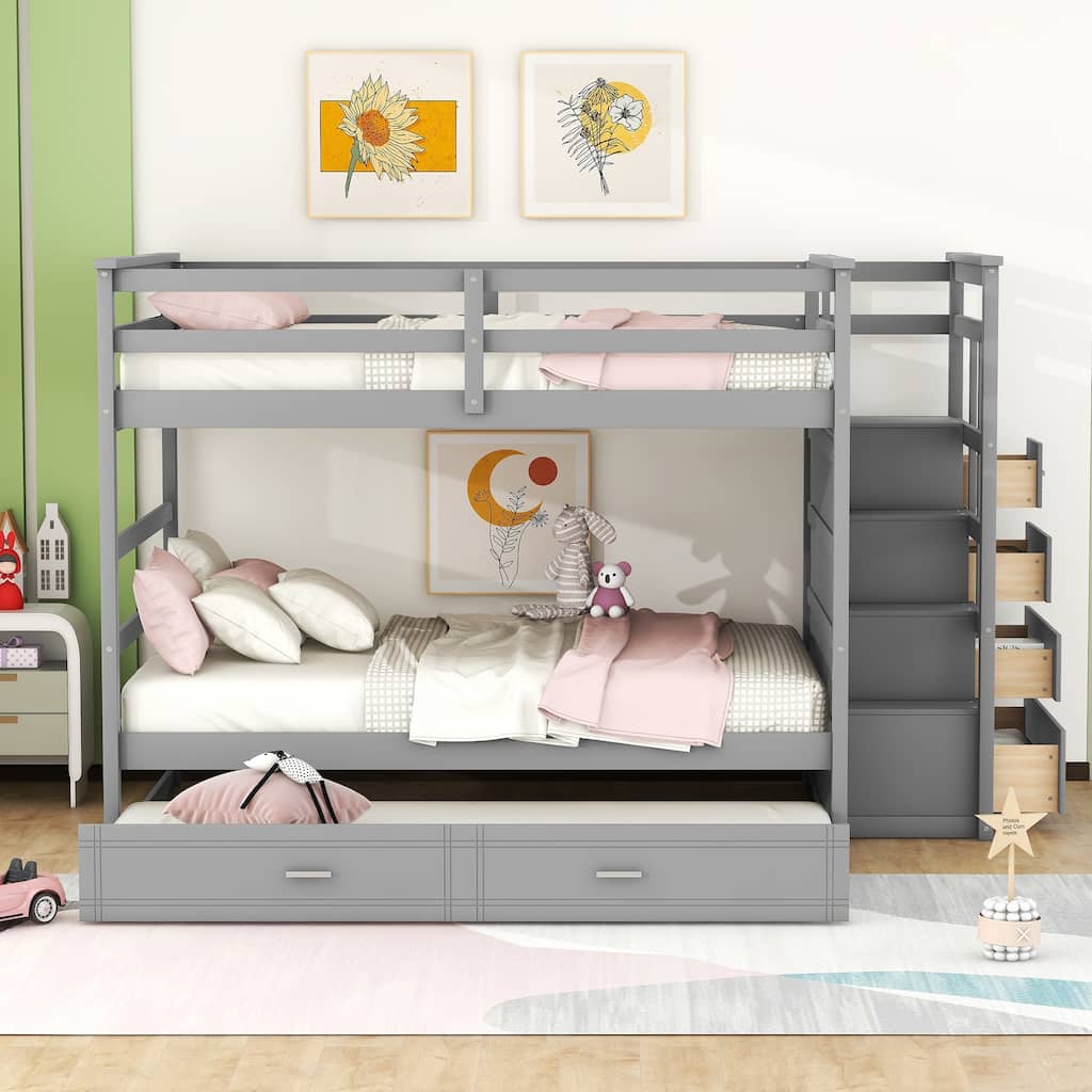 Full Over Full Bunk Bed with Twin Size Trundle and Staircase