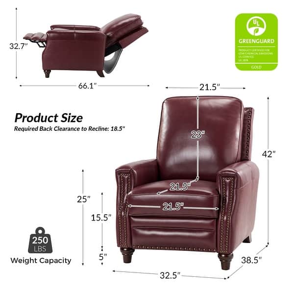 dimension image slide 7 of 8, Cigar Mid-century Modern Genuine Leather Recliner with Solid Wood Legs and Nailhead Trim Set of 2 by HULALA HOME