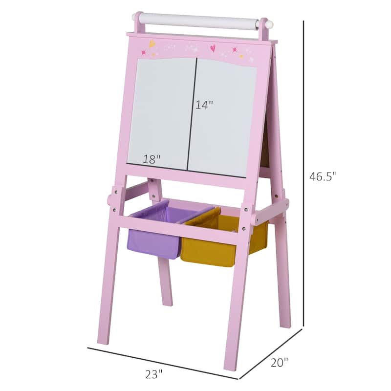 Qaba 3 In 1 Kids Wooden Art Easel with Paper Double-Sided Chalkboard & Whiteboard with Storage for Age 3 Years+, Pink