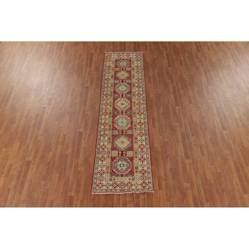 Red Kazak Runner Rug Hand-Knotted Oriental Wool Carpet - 2'7" x 9'8"