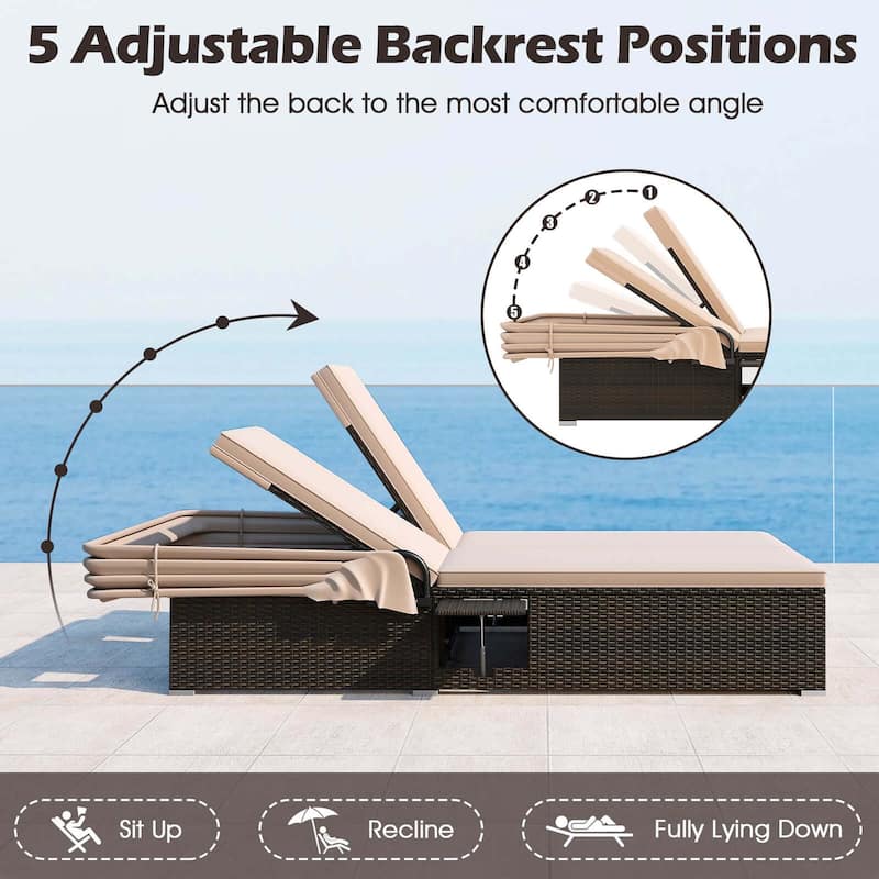 Rattan Daybed w/Retractable Canopy Patio Double Sunbed Conversation