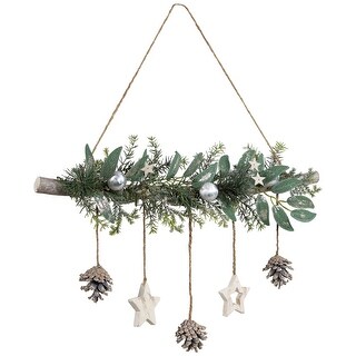 Glittered  Holly Branch with Stars and Pinecones Christmas Wall Decoration - 20.75" - Silver