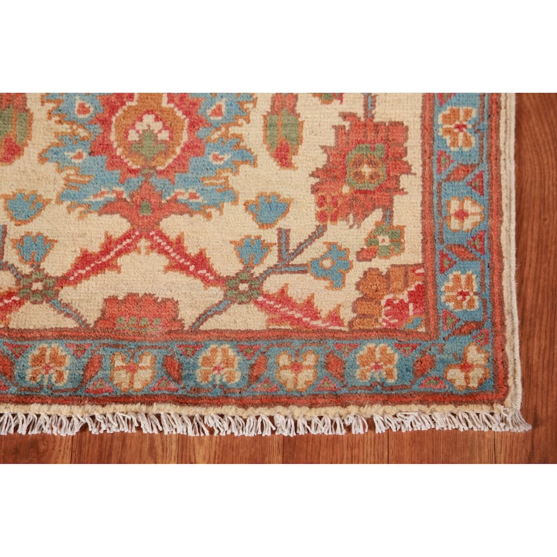 Geometric Kazak Oriental Foyer Rug Handmade Beige Wool Carpet - 2'0"x 3'0"