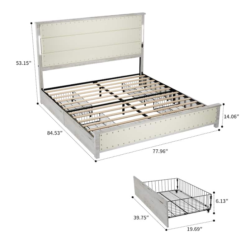 Modern luxury style upholstered bed frame with LED lighted headboard, charging port and nailhead trim, drawers for bedroom
