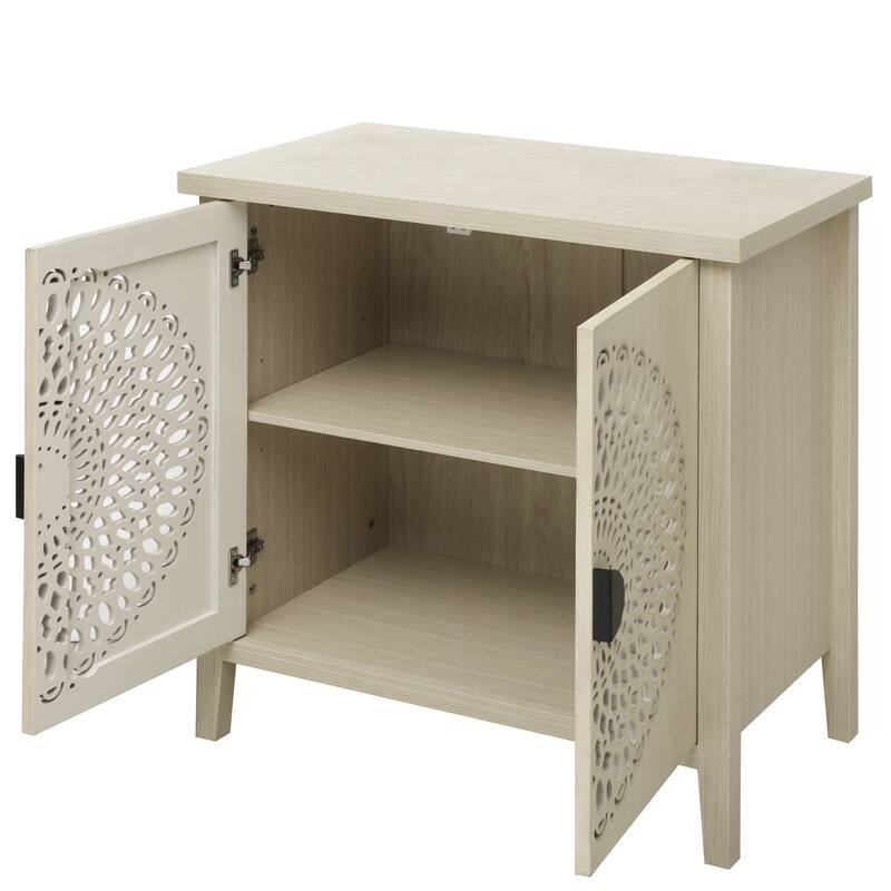 Roomfitters Hollow Carved 2 Door Accent Cabinet, Wood Sideboard Buffet Storage Cabinet with Adjustable Shelf, Natural