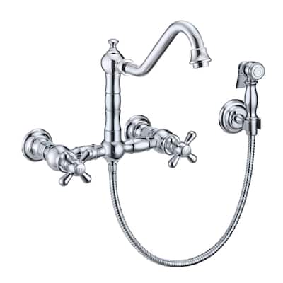Vintage III Plus Wall Mount Faucet with a Long Traditional Swivel Spout, Cross Handles and Solid Metal Side Spray