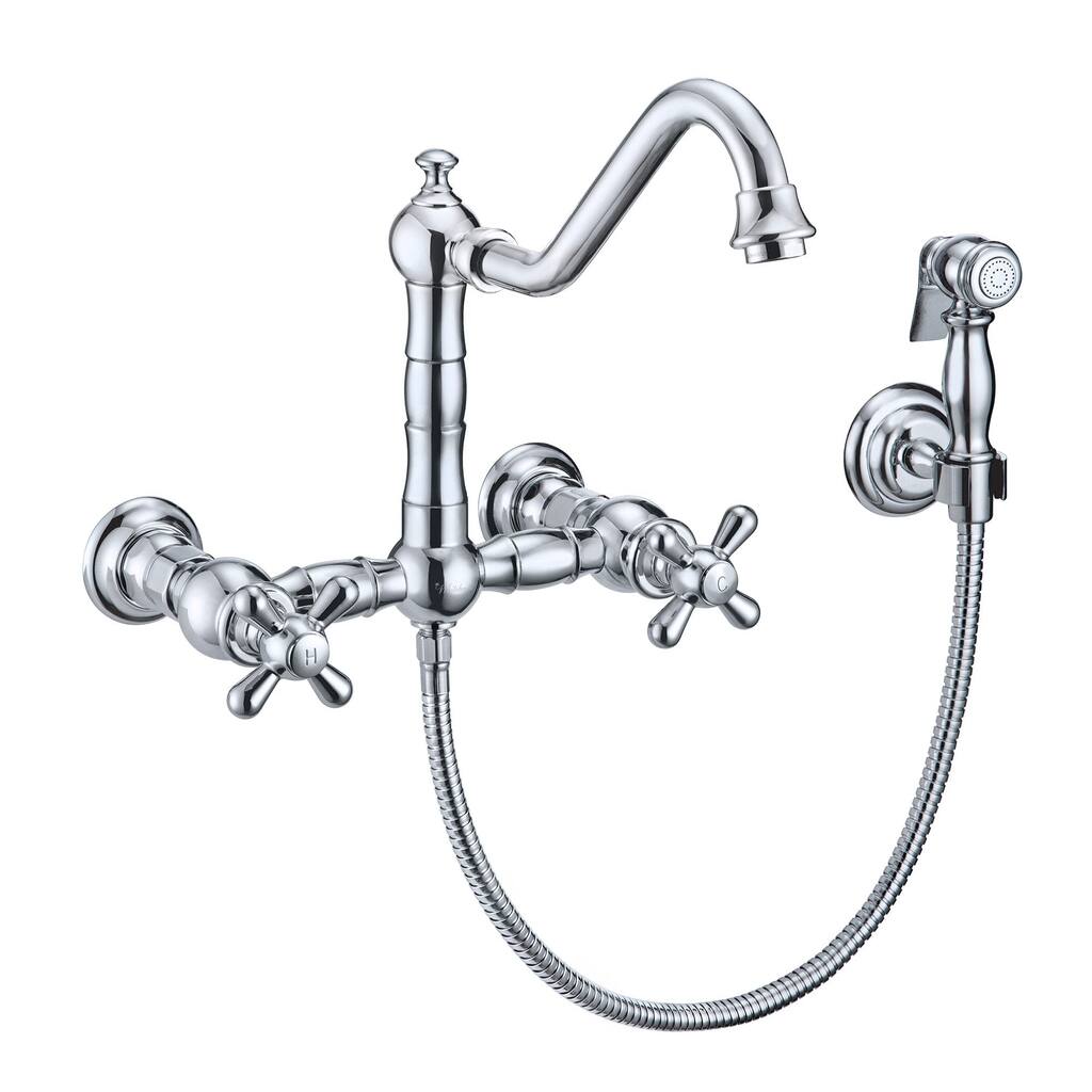 Vintage III Plus Wall Mount Faucet with a Long Traditional Swivel Spout, Cross Handles and Solid Metal Side Spray