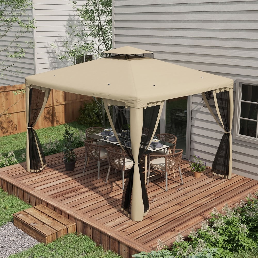Outsunny 9.6' x 11.6' Patio Gazebo, Outdoor Canopy Shelter with 2-Tier Roof and Netting, Steel Frame for Garden, Lawn, Backyard
