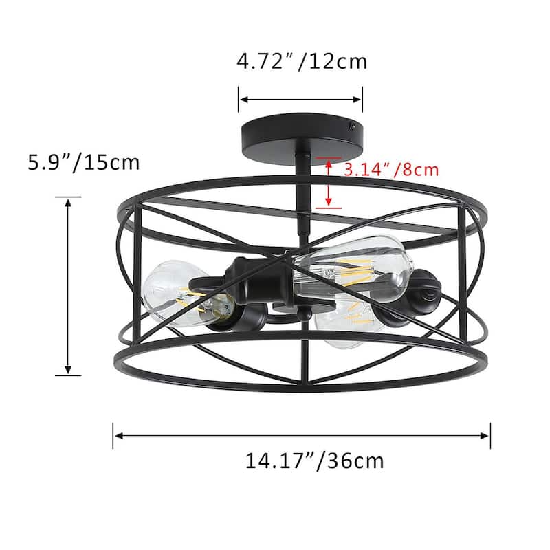 Industrial Black 3-Light Cage Shape Metal Frame Ceiling Semi Flush Mount