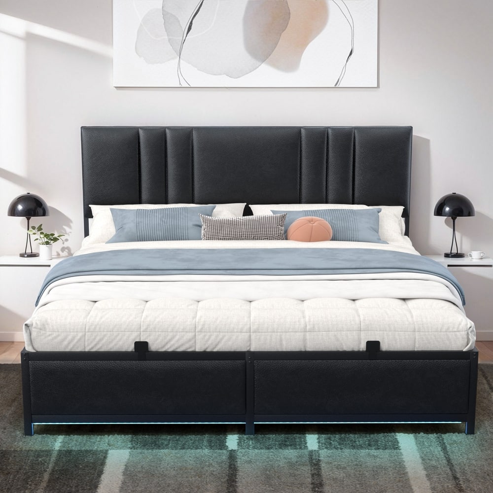 Platform Bed Frame with Ajustable Upholstered Headboard, Bed with USB Port and Charge Station