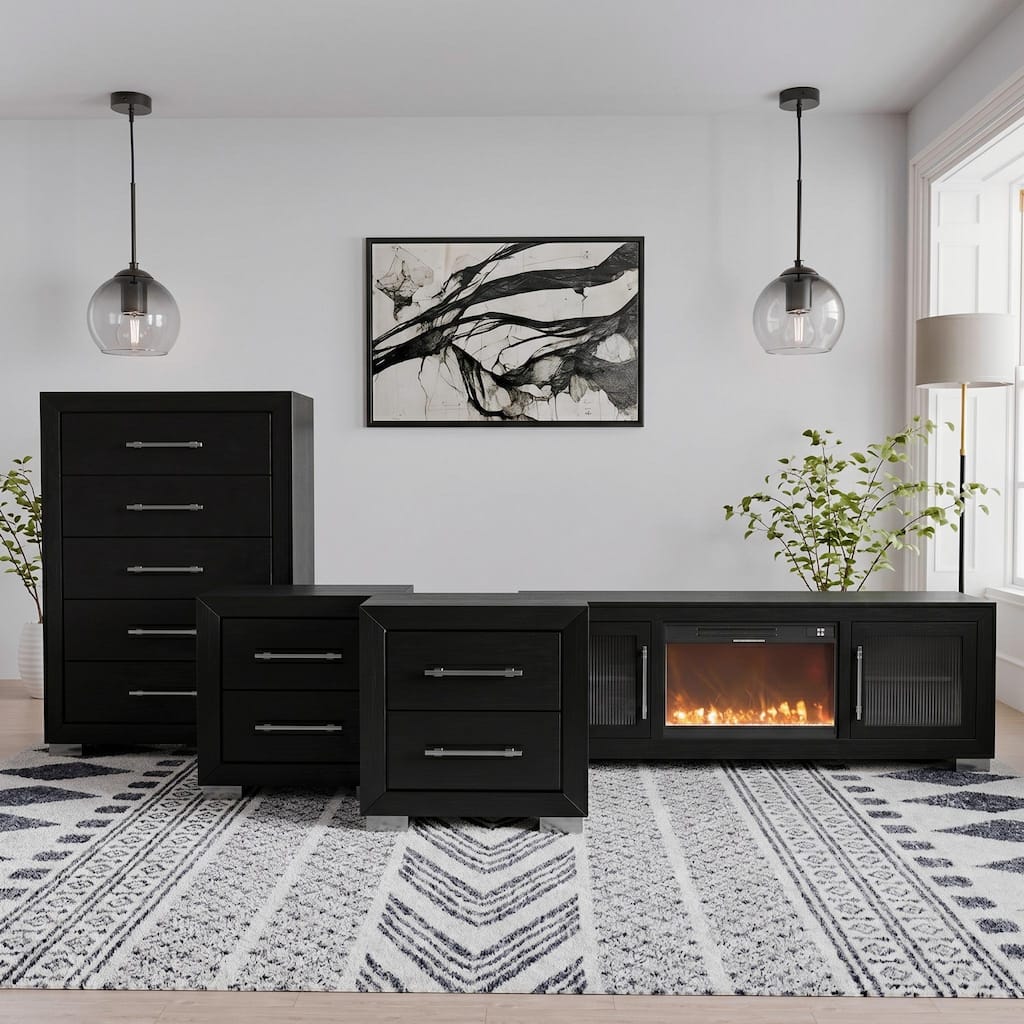 Furniture of America Alaric Modern Black Solid Wood 72-inch Fireplace TV Stand, Chest and 2 Nightstands Bedroom Set
