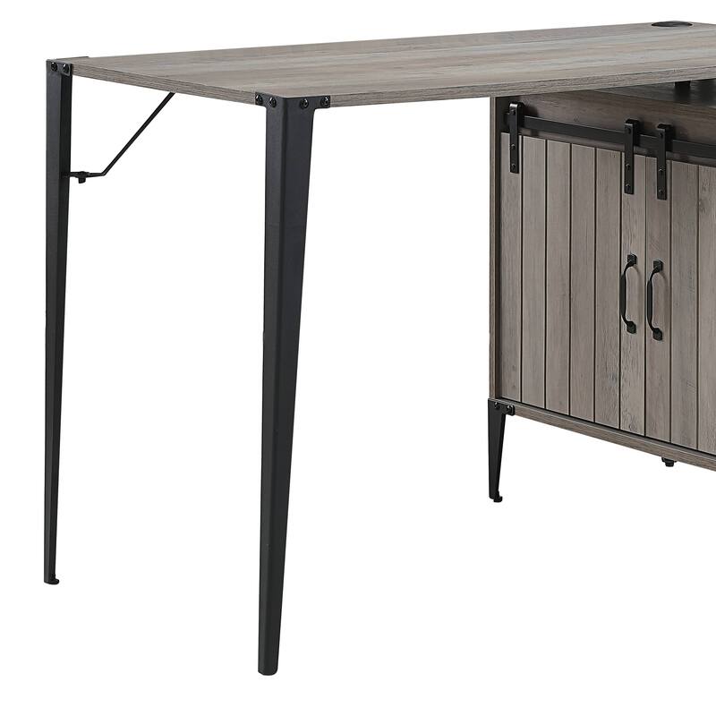Spacious L-Shaped Desk with Barn Door Storage, USB Ports, and Contemporary Black Metal Frame for Versatile Workspaces