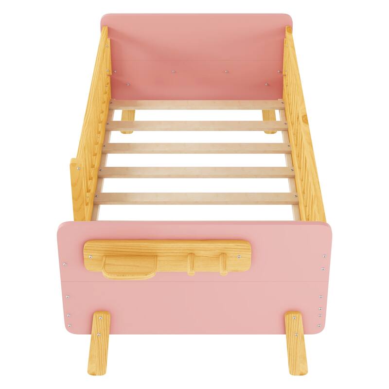Kids Wood Platform Bed with Guardrails, Bottle Holder and 2 Hanging Rod, Convertible Toddler Daybed, Low Profile Design Frame