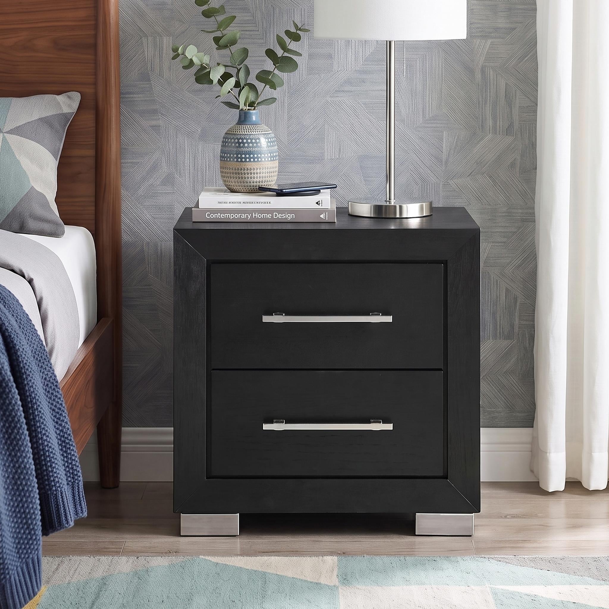 Furniture of America Alaric Modern Black Solid Wood Nightstand with 2 Drawers and USB Ports