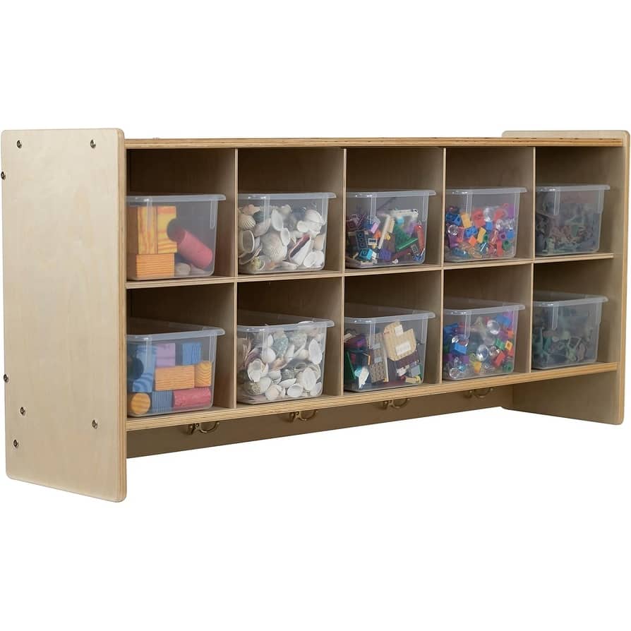 RRI Goods 10 Section Wall Mount Classroom Storage Organizer, Cubby Shelving with Trays and Hooks