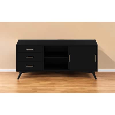 HomeRoots 64" Black Mahogany Solid Wood Enclosed and Open Storage TV Stand - 27" x 64" x 19"