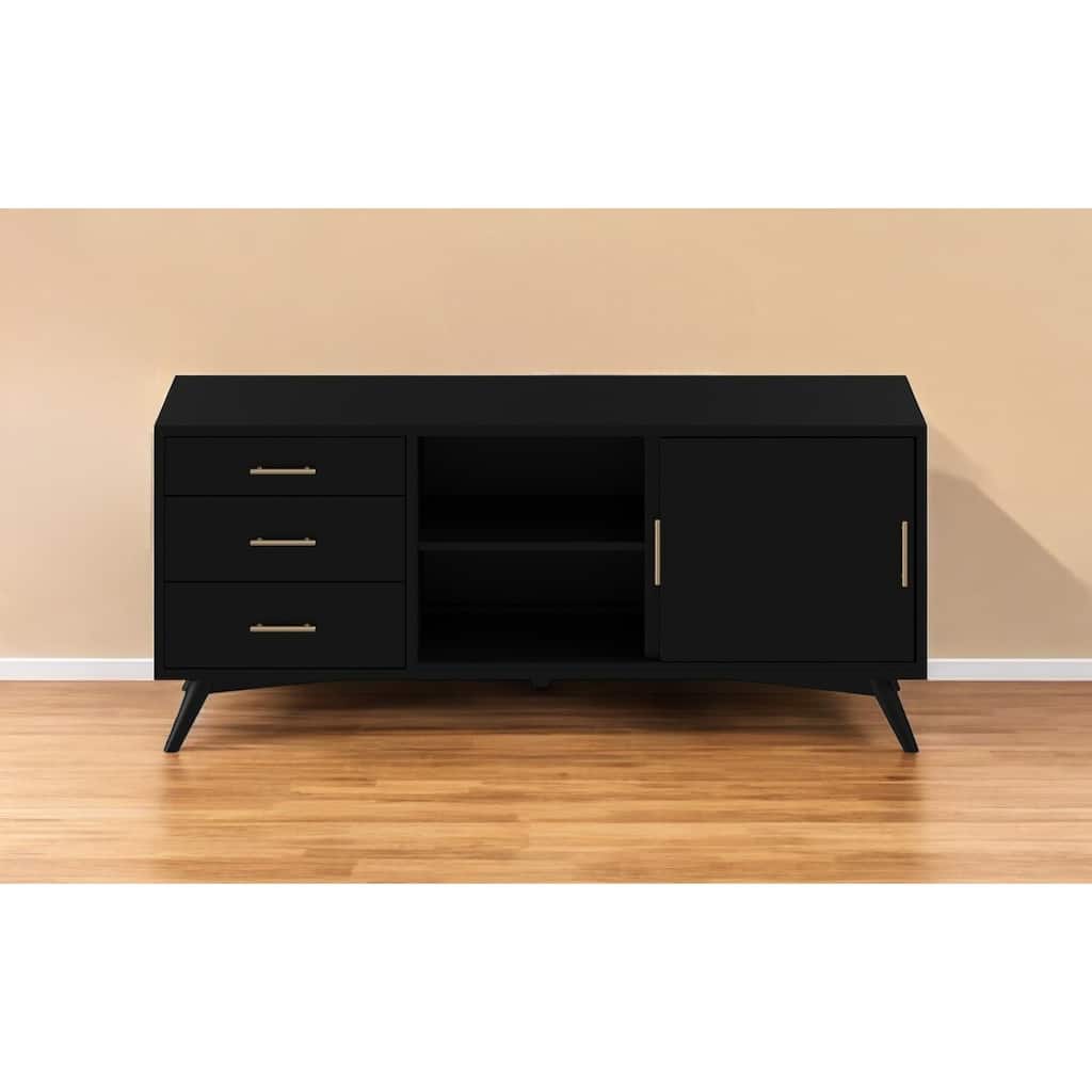 HomeRoots 64" Black Mahogany Solid Wood Enclosed and Open Storage TV Stand - 27" x 64" x 19"
