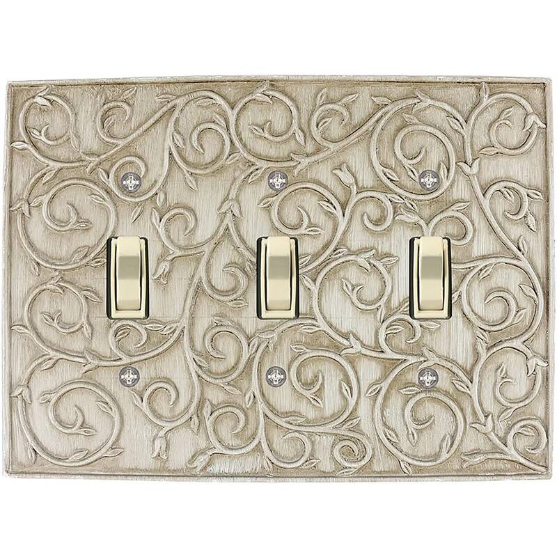 Meriville French Scroll 3 Toggle Wallplate, Triple Switch Electrical Cover Plate - Weathered White