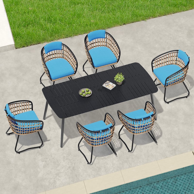 7/9-Piece Outdoor Dining Set Patio Aluminum Dining Table with Umbrella Hole and Rattan Chairs