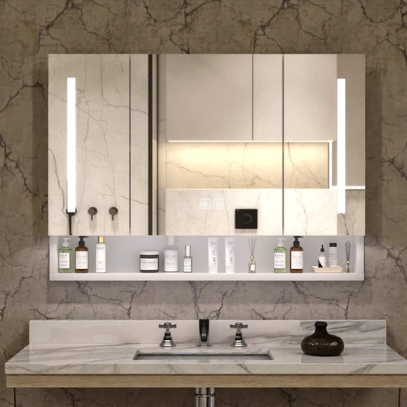 39 x 28 Inch LED Lighted Medicine Cabinet with Mirror, Aluminum Wall Mounted Bathroom Cabinet with Anti-Fog and Storage - White