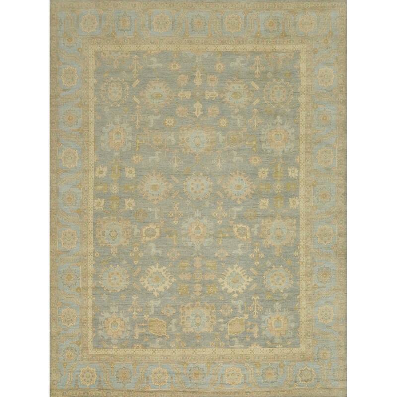 Vegetable Dye Wool Oushak Turkish Large Rug, Floral Geometric Carpet - 14' 2'' X 12' 4''