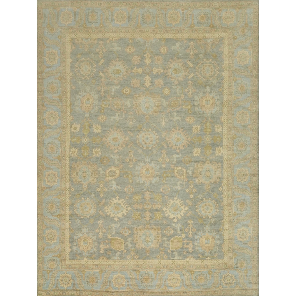 Vegetable Dye Wool Oushak Turkish Large Rug, Floral Geometric Carpet - 14' 2'' X 12' 4''