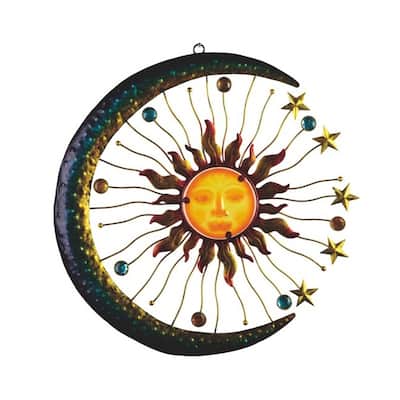 Q-Max 18" H Celestial Wall Plaque Blue Moon with Sun Hanging Metal Wall Decor