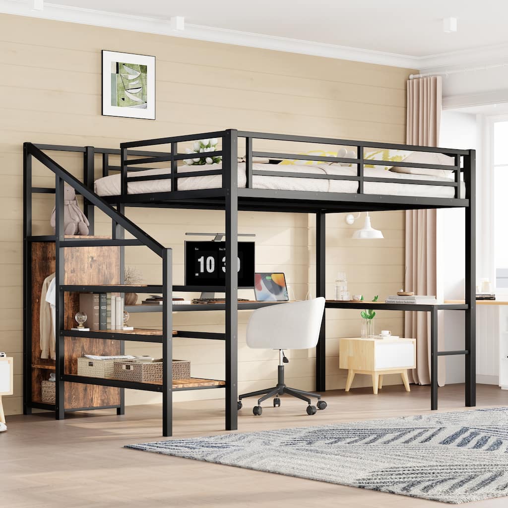 Queen Size Metal Loft Bed with L-shaped Desk, Wardrobe, USB, LED, and Adjustable Shelf for Kids, Teens, and Adults