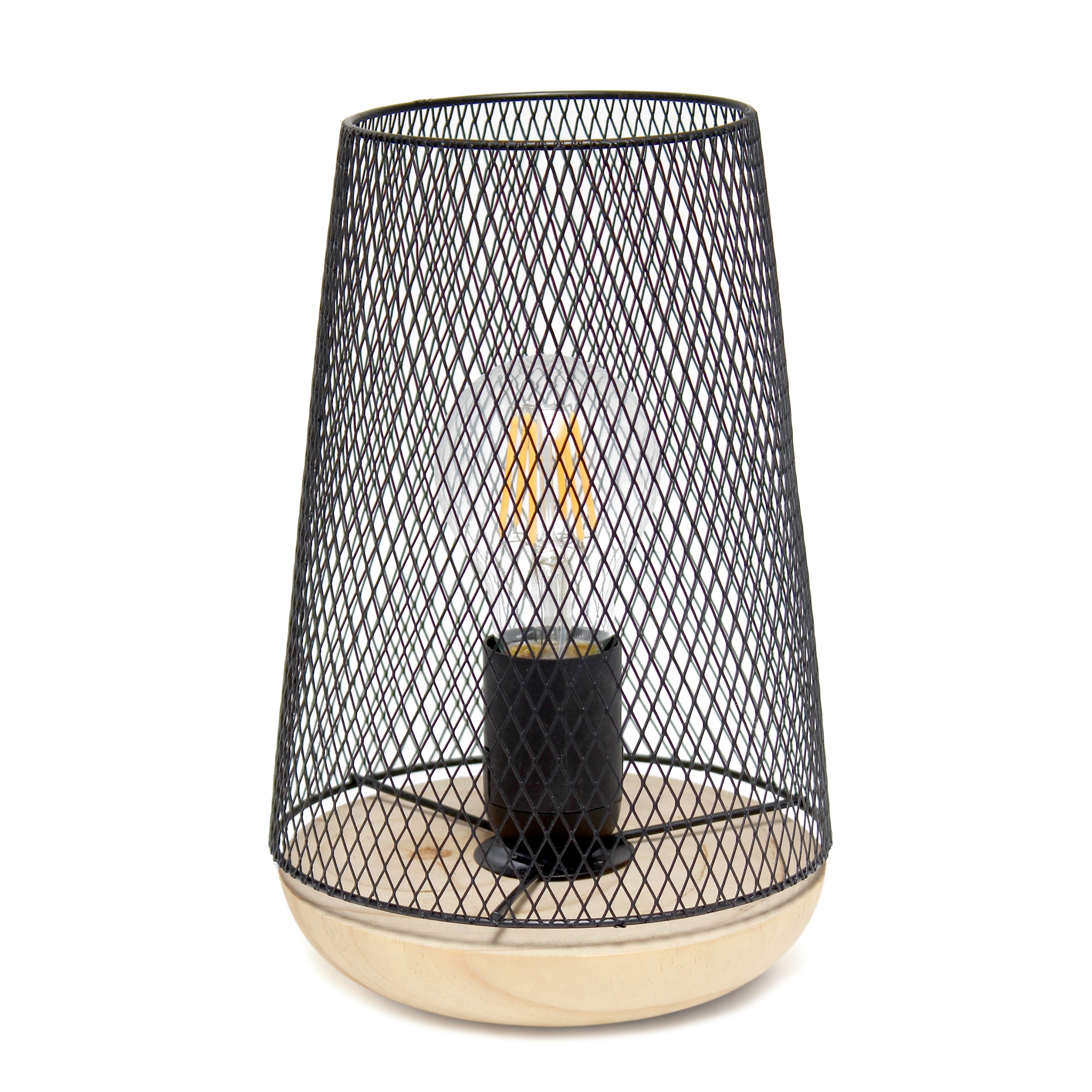 Metal Open Cage Mesh Table Lamp with Pine Wood Base - 6 x 6 x 9 in. (L x W x H)