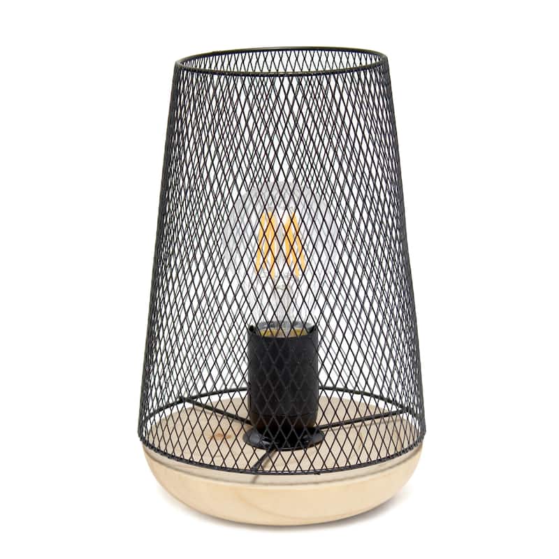 Metal Open Cage Mesh Table Lamp with Pine Wood Base - 6 x 6 x 9 in. (L x W x H) - Black