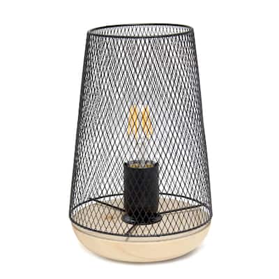Metal Open Cage Mesh Table Lamp with Pine Wood Base - 6 x 6 x 9 in. (L x W x H)