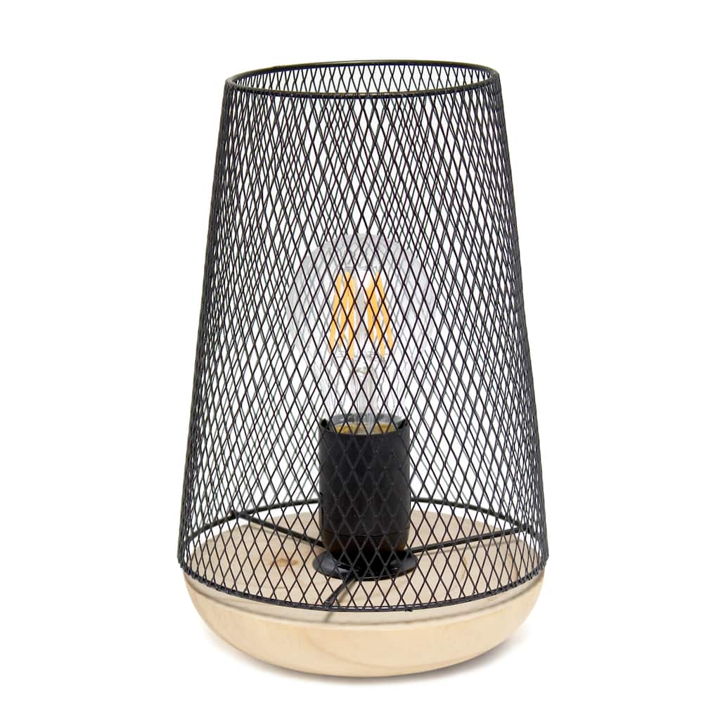Metal Open Cage Mesh Table Lamp with Pine Wood Base - 6 x 6 x 9 in. (L x W x H)