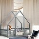 preview thumbnail 23 of 30, Twin Wood House-Shaped Floor Bed with Fence, Guardrails Platform Bed House Bed Grey