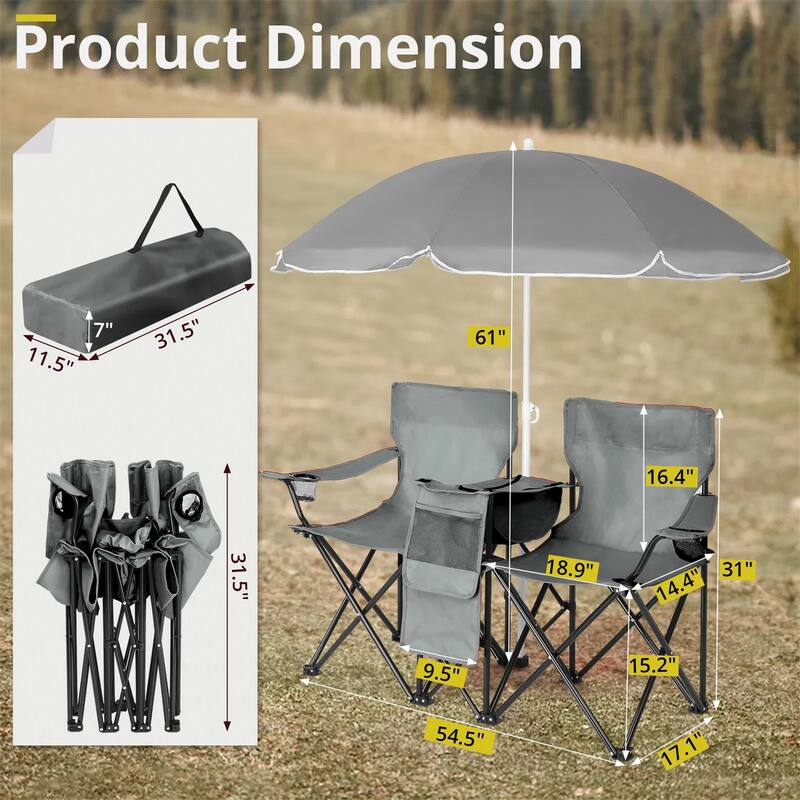 Portable Folding Picnic Double Chair with Umbrella