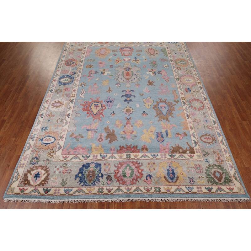 Light Blue Oushak Oriental Area Rug Handmade Wool Carpet - 8'10" x 11'8"