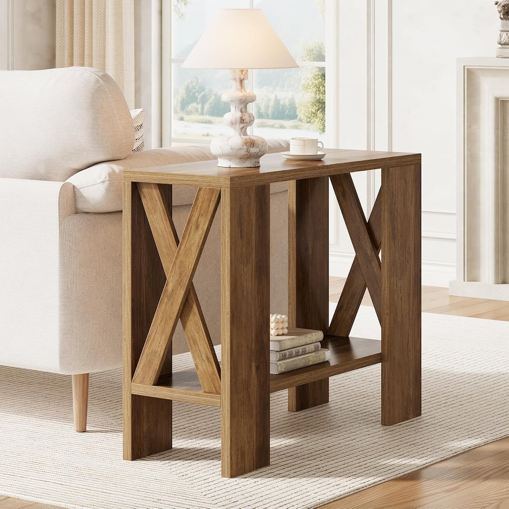 2-Tier Narrow End Table, Side Table with Storage Shelves, Sofa Side Table