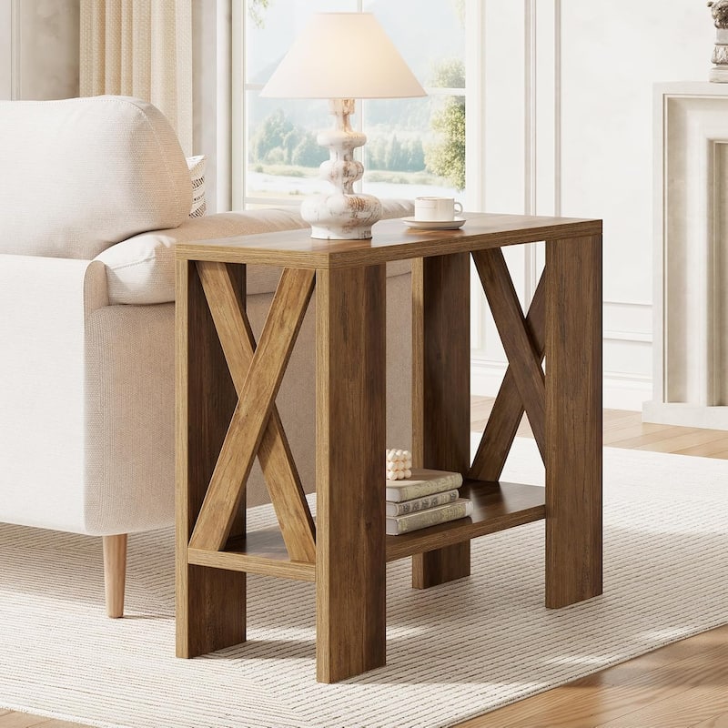 2-Tier Side Table, Farmhouse End Table with Storage Shelves