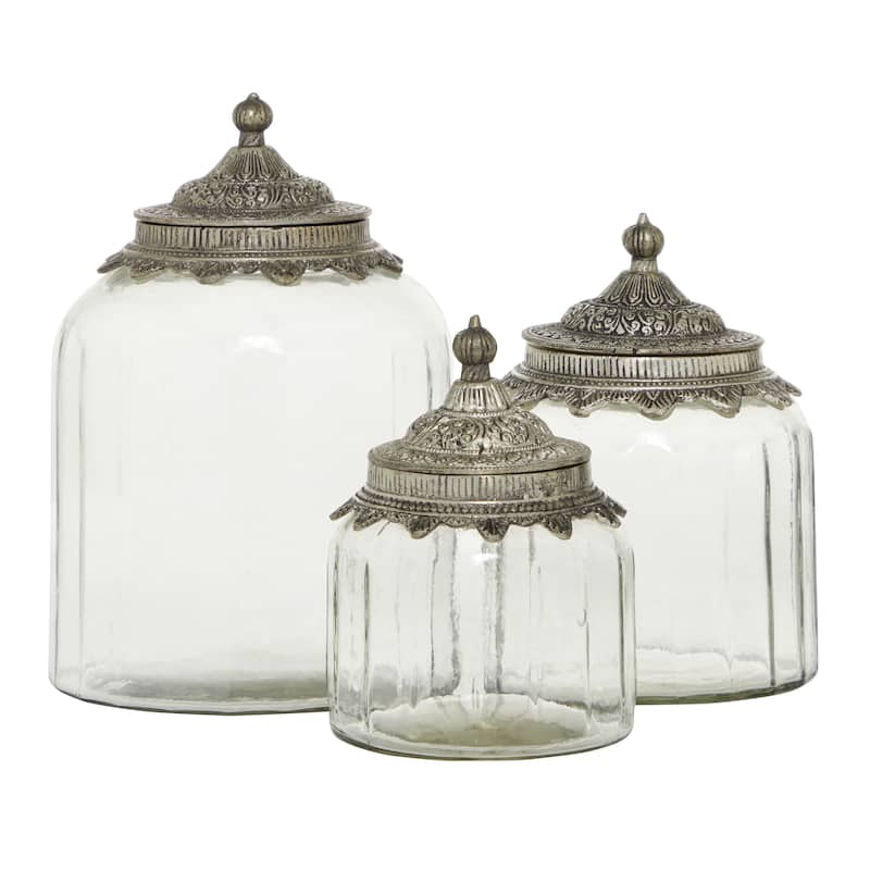 Glass Decorative Jars with Engraved Silver Lids - Set of 3 Clear - Roche River Decor - 7"W x 7"L x 9"H