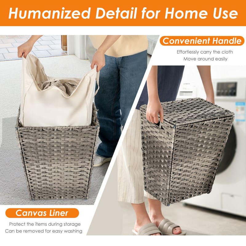 Gymax Handwoven Laundry Hamper Foldable w/Removable Liner, Lid & - 17.5'' X 12'' X 21''