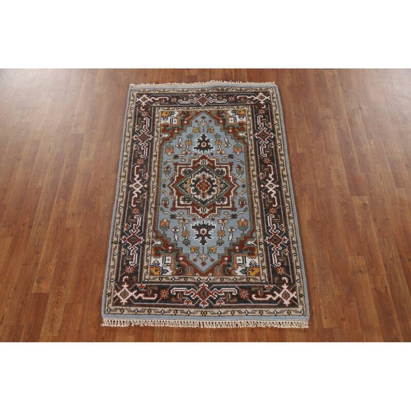 Light Blue Geometric Heriz Indian Area Rug Handmade Wool Carpet - 3'2"x 4'11"
