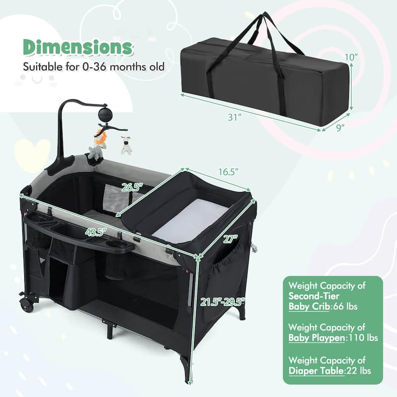 Honeyjoy 5-in-1 Baby Crib with Adjustable Height Soft Mattress - See Details