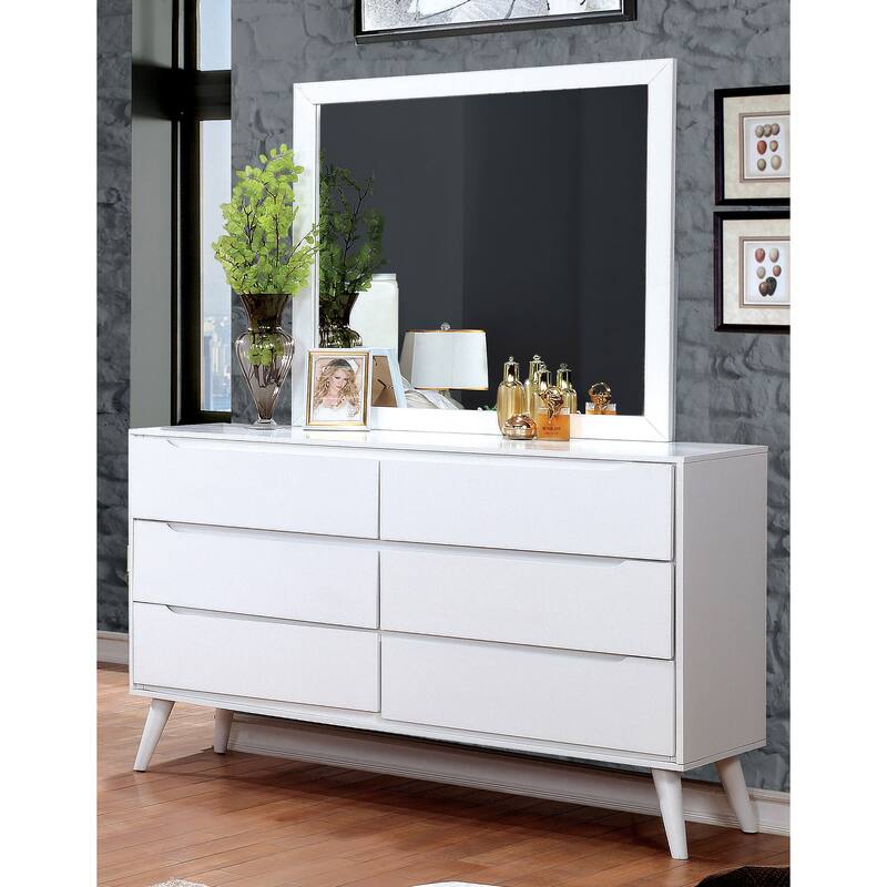 Fopp Mid-Century Modern White Wood 4-Piece Platform Bedroom Set by Furniture of America