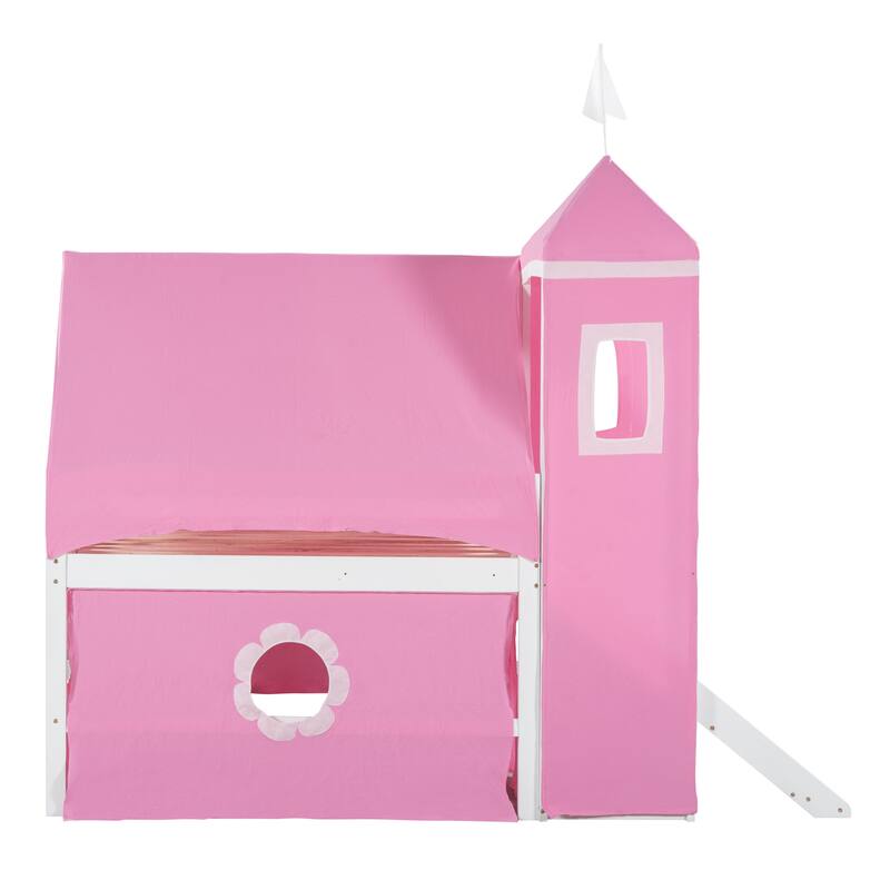 Full Size Loft Bed with Castle Tower, Slide, and Play Tent, Solid Pine Wood Construction with Spacious Under-Bed Play Area