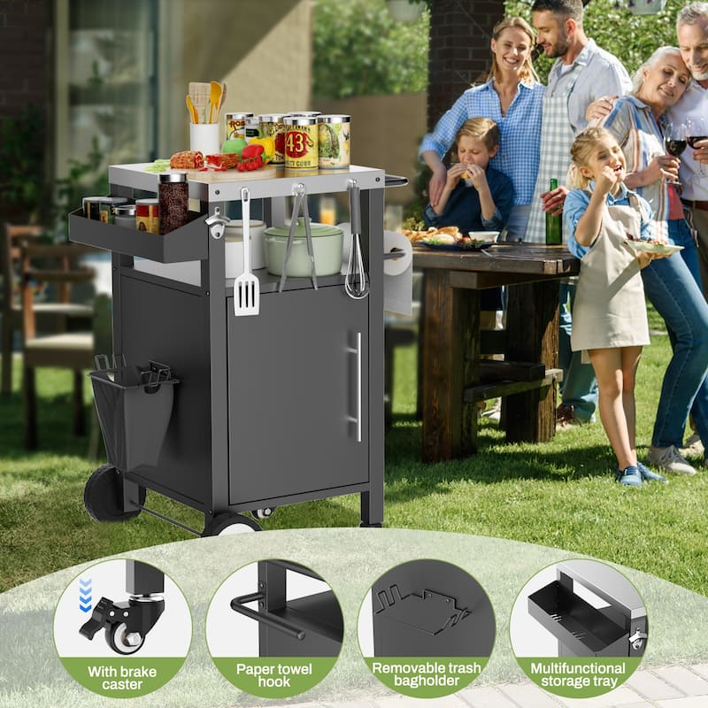 Anmytek Black Outdoor Grill Cart Rolling BBQ Table with Storage Hooks and Spice Rack for Patio Grilling Accessories